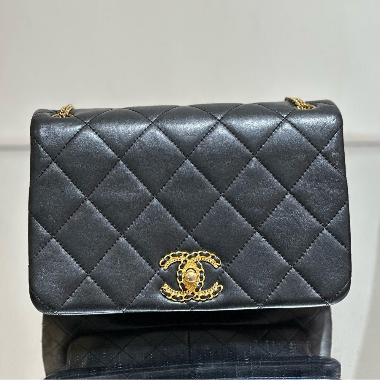 Chanel Rectangular Mini Flap Bag - Black Lambskin with Chain-Inlaid CC Logo - Gold Hardware