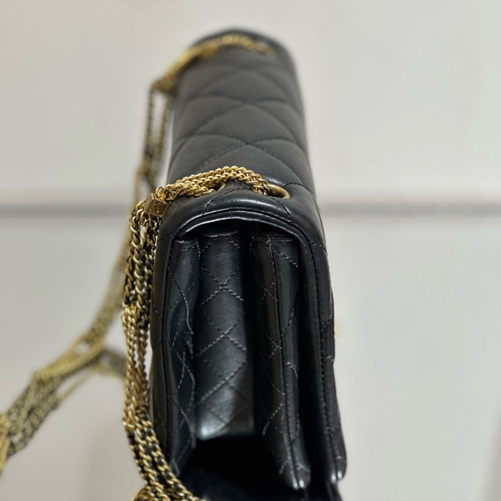 Chanel Rectangular Mini Flap Bag - Black Lambskin with Chain-Inlaid CC Logo - Gold Hardware