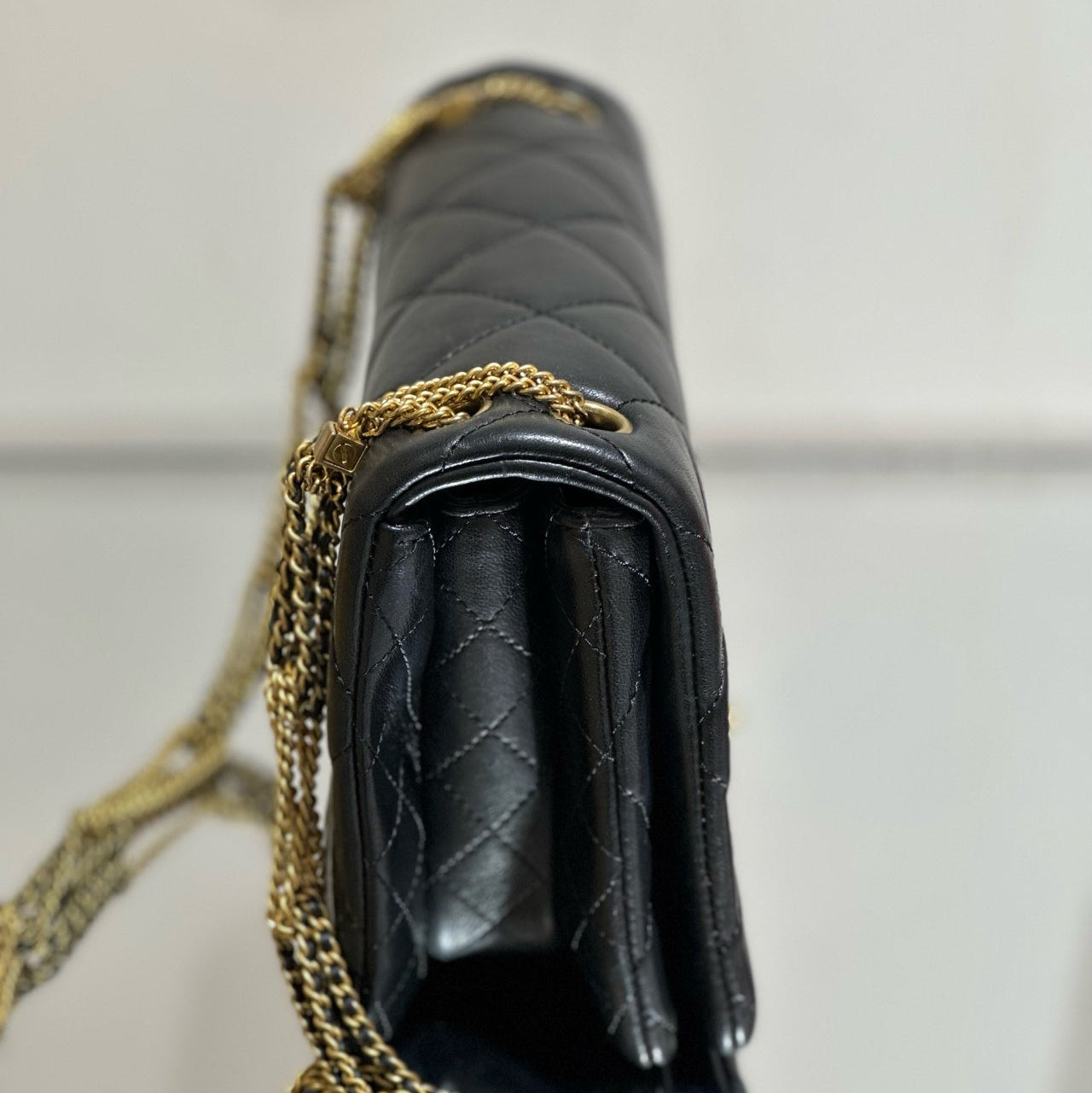 Chanel Rectangular Mini Flap Bag - Black Lambskin with Chain-Inlaid CC Logo - Gold Hardware