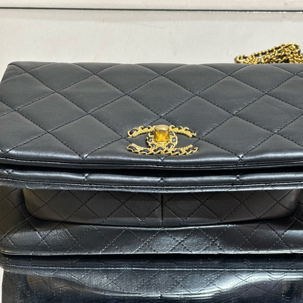 Chanel Rectangular Mini Flap Bag - Black Lambskin with Chain-Inlaid CC Logo - Gold Hardware