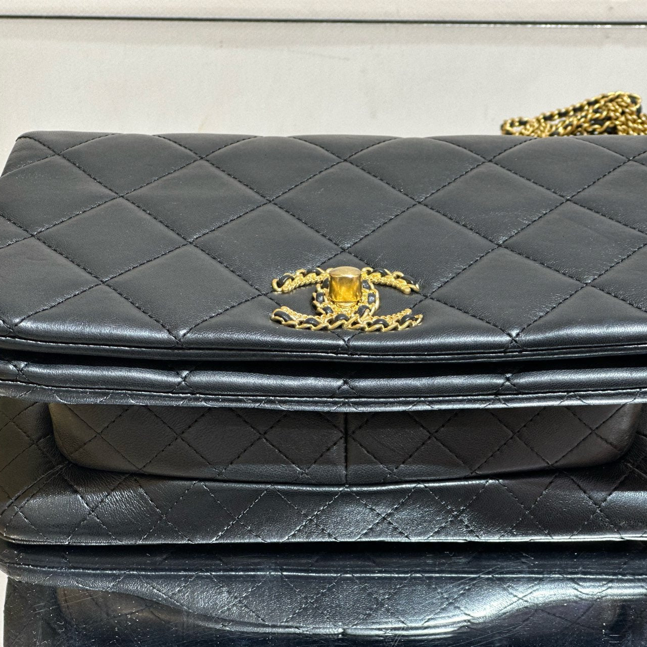 Chanel Rectangular Mini Flap Bag - Black Lambskin with Chain-Inlaid CC Logo - Gold Hardware