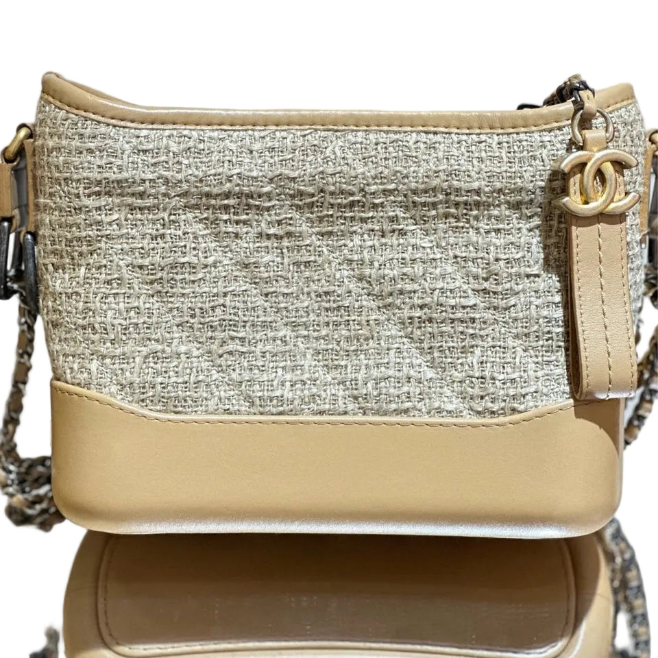 Chanel Gabrielle Hobo Bag - Beige Tweed and Tan Leather with Mixed Hardware