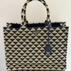 Prada Symbole Jacquard Fabric Small Tote Bag in Beige/Black Triangle Motif