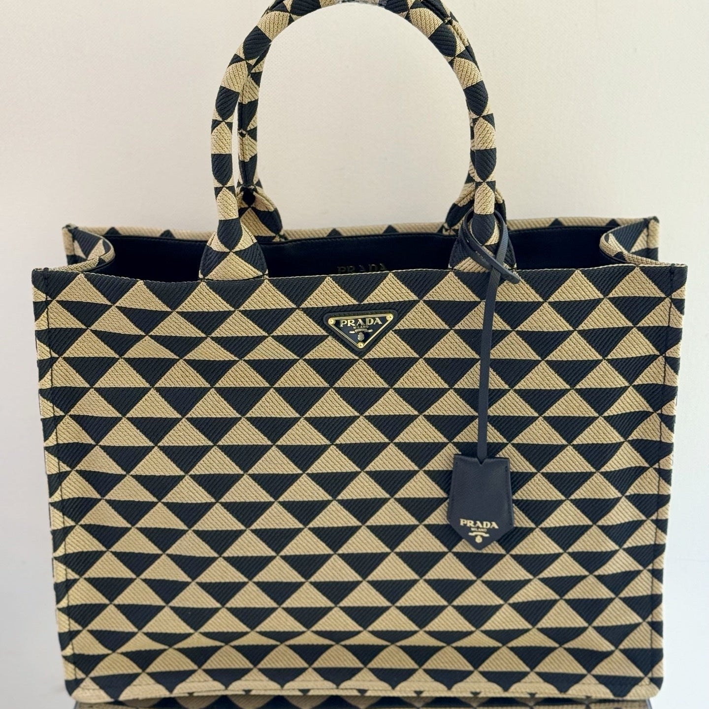 Prada Symbole Jacquard Fabric Small Tote Bag in Beige/Black Triangle Motif