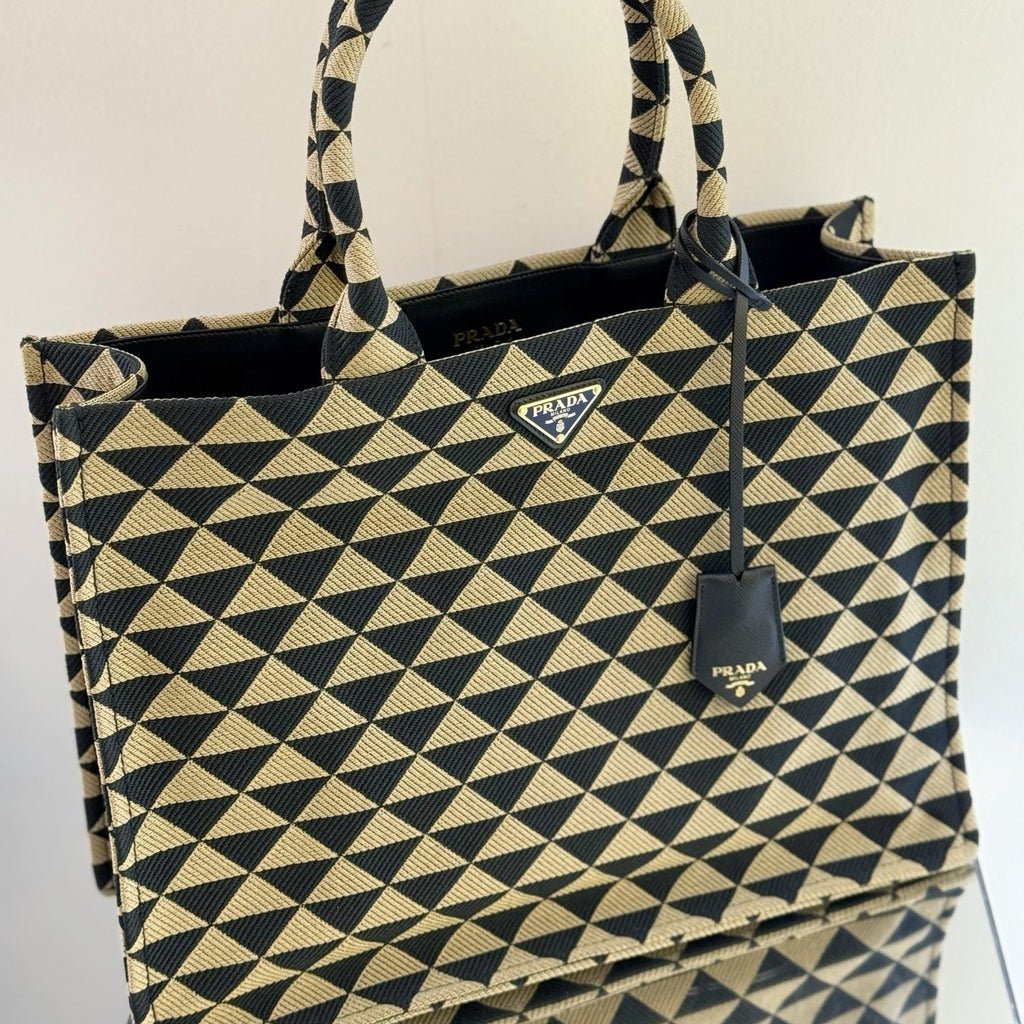 Prada Symbole Jacquard Fabric Small Tote Bag in Beige/Black Triangle Motif