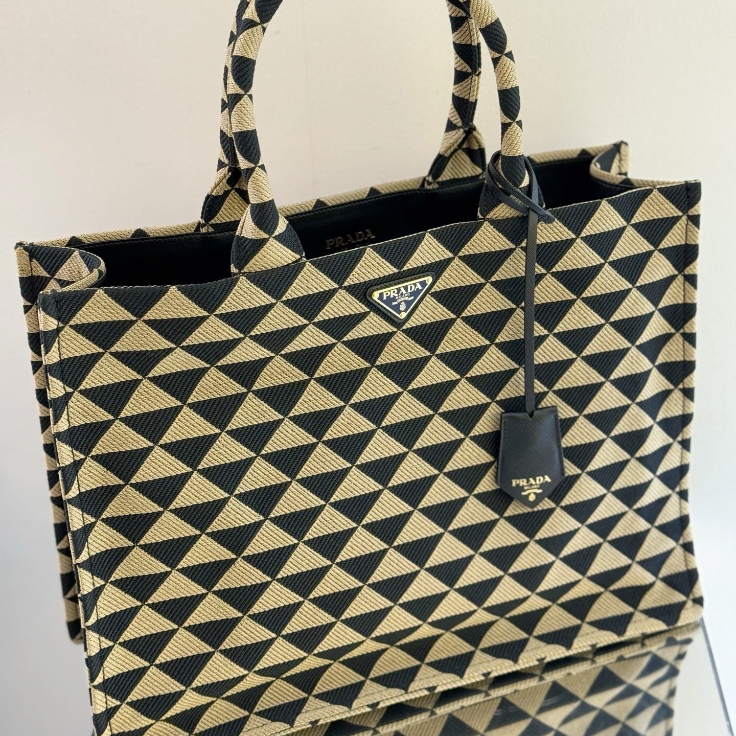Prada Symbole Jacquard Fabric Small Tote Bag in Beige/Black Triangle Motif
