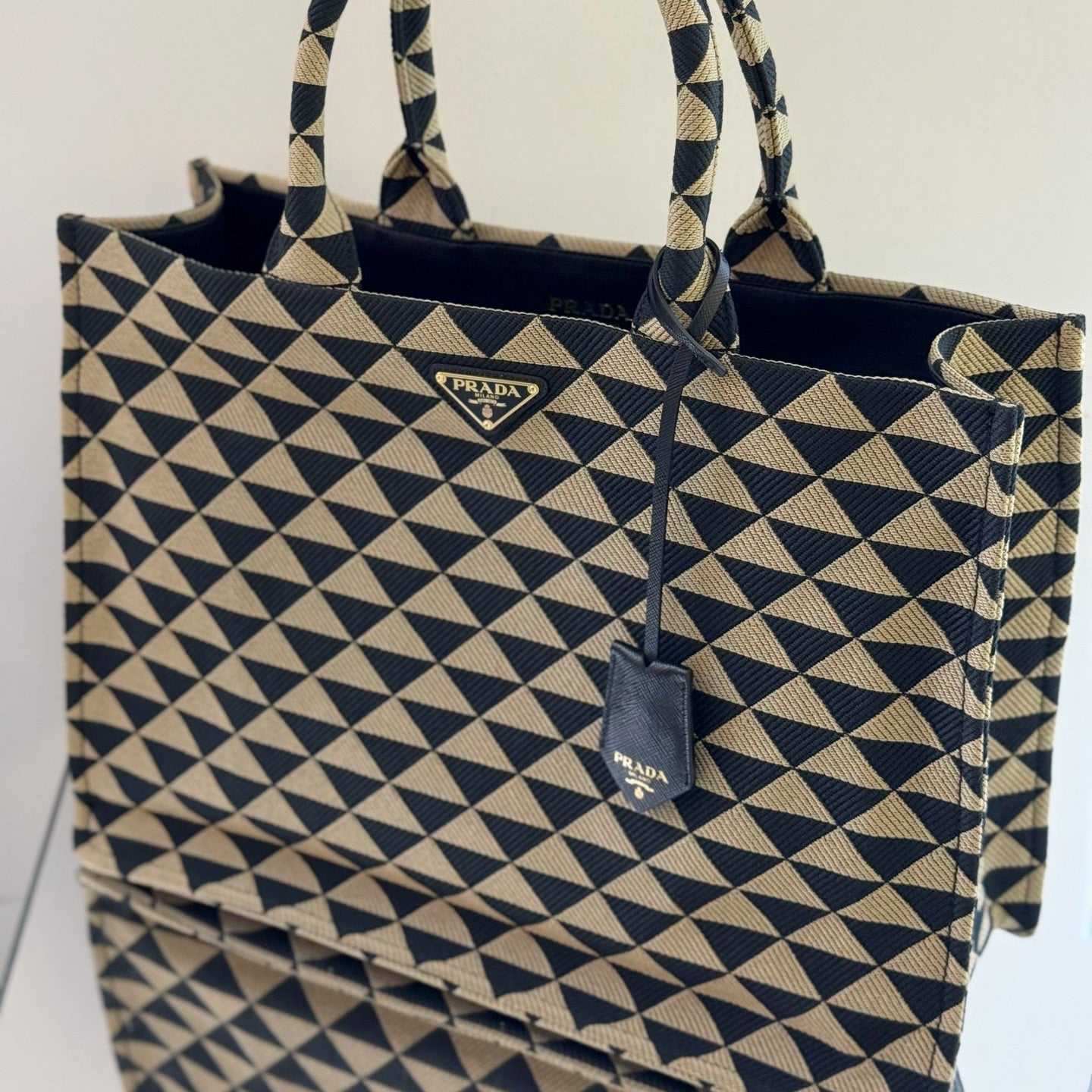 Prada Symbole Jacquard Fabric Small Tote Bag in Beige/Black Triangle Motif