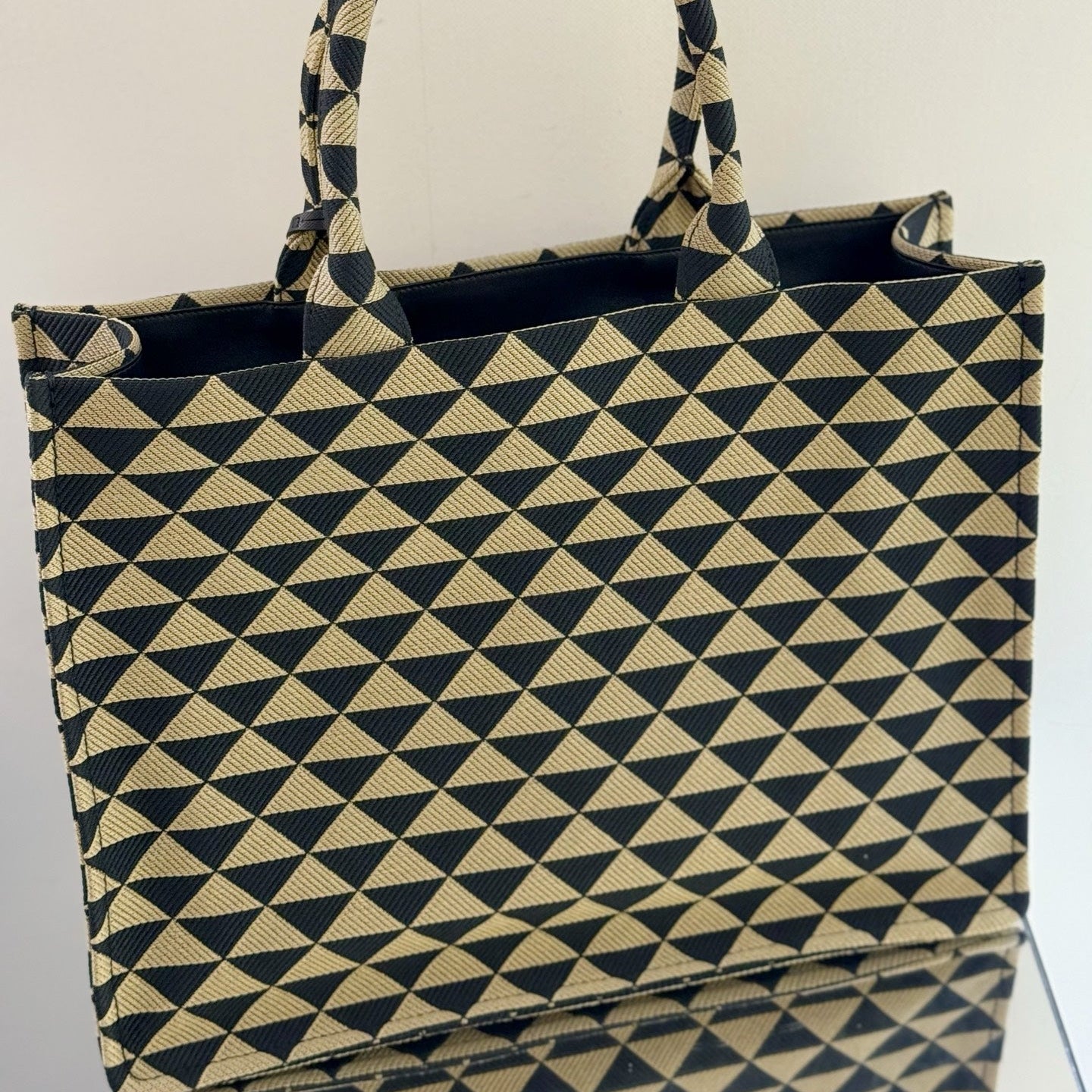 Prada Symbole Jacquard Fabric Small Tote Bag in Beige/Black Triangle Motif