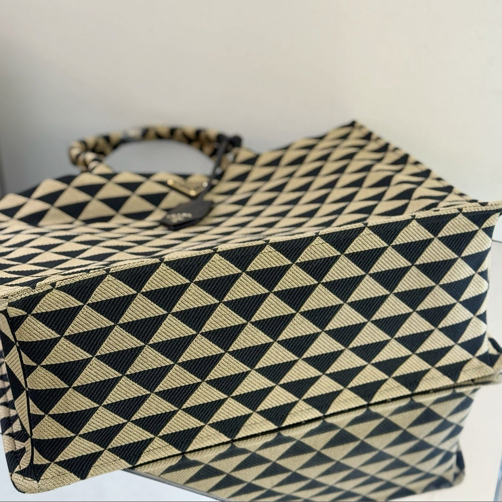 Prada Symbole Jacquard Fabric Small Tote Bag in Beige/Black Triangle Motif