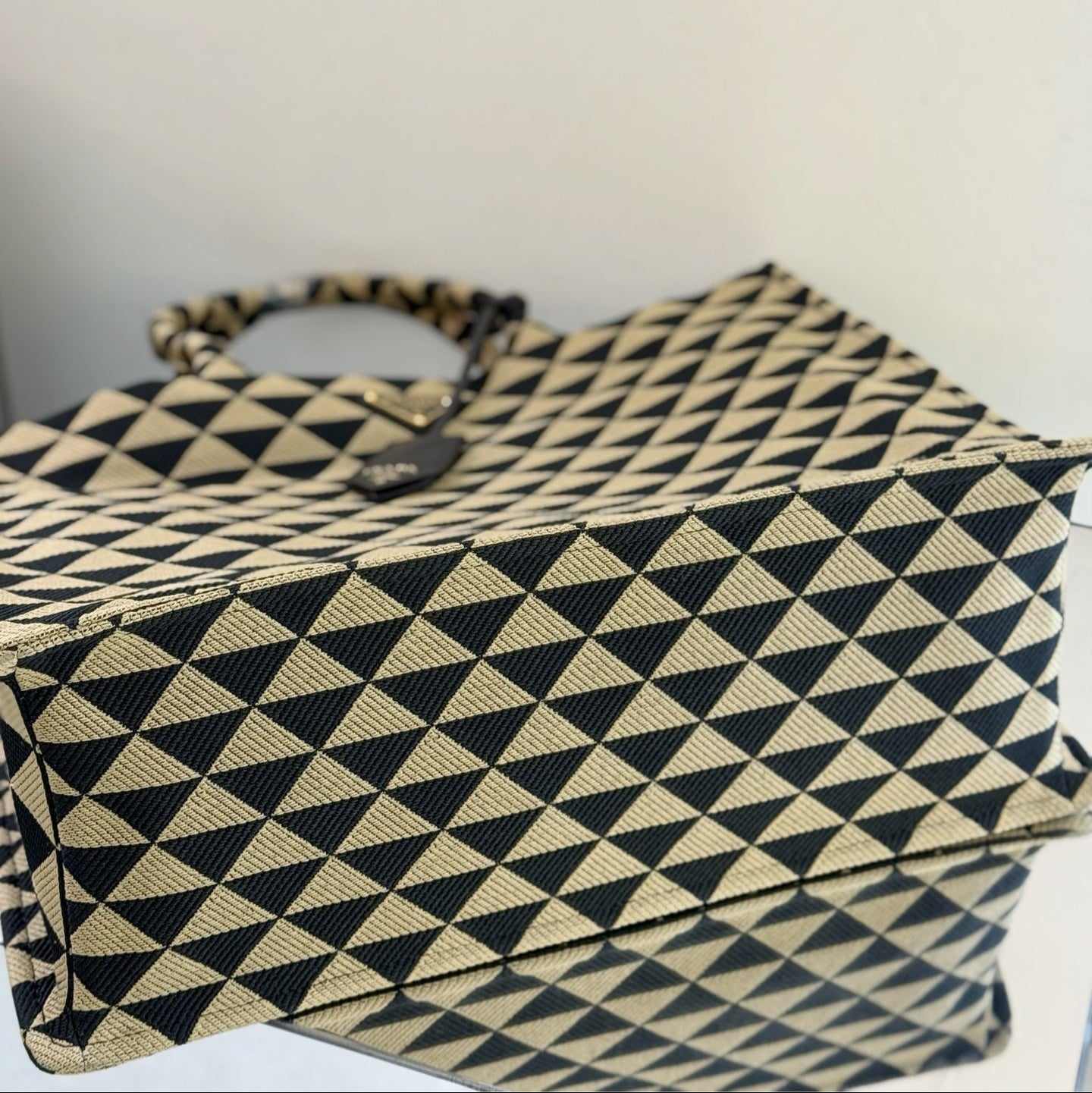 Prada Symbole Jacquard Fabric Small Tote Bag in Beige/Black Triangle Motif