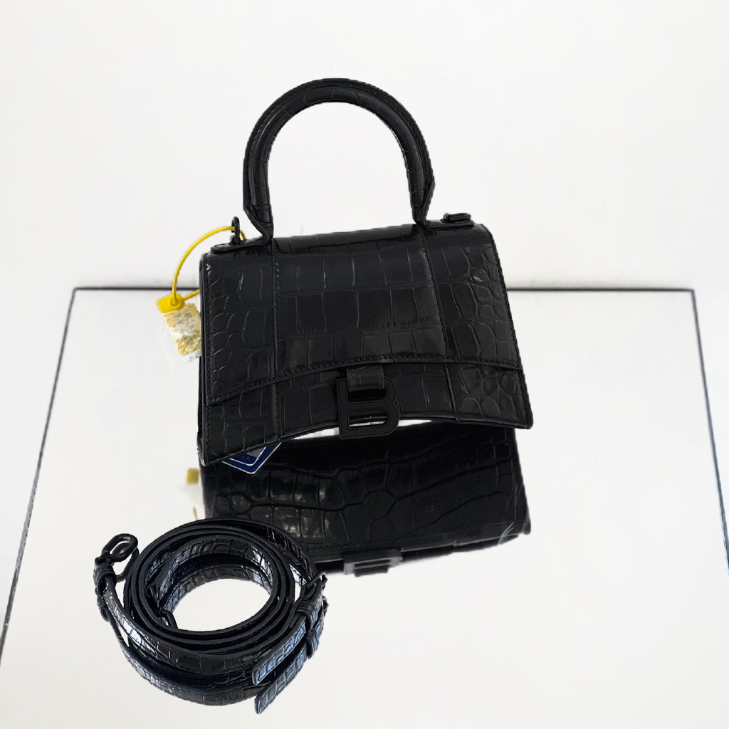 Balenciaga Hourglass XS Top Handle Bag – Black Shiny Crocodile-Embossed Calfskin