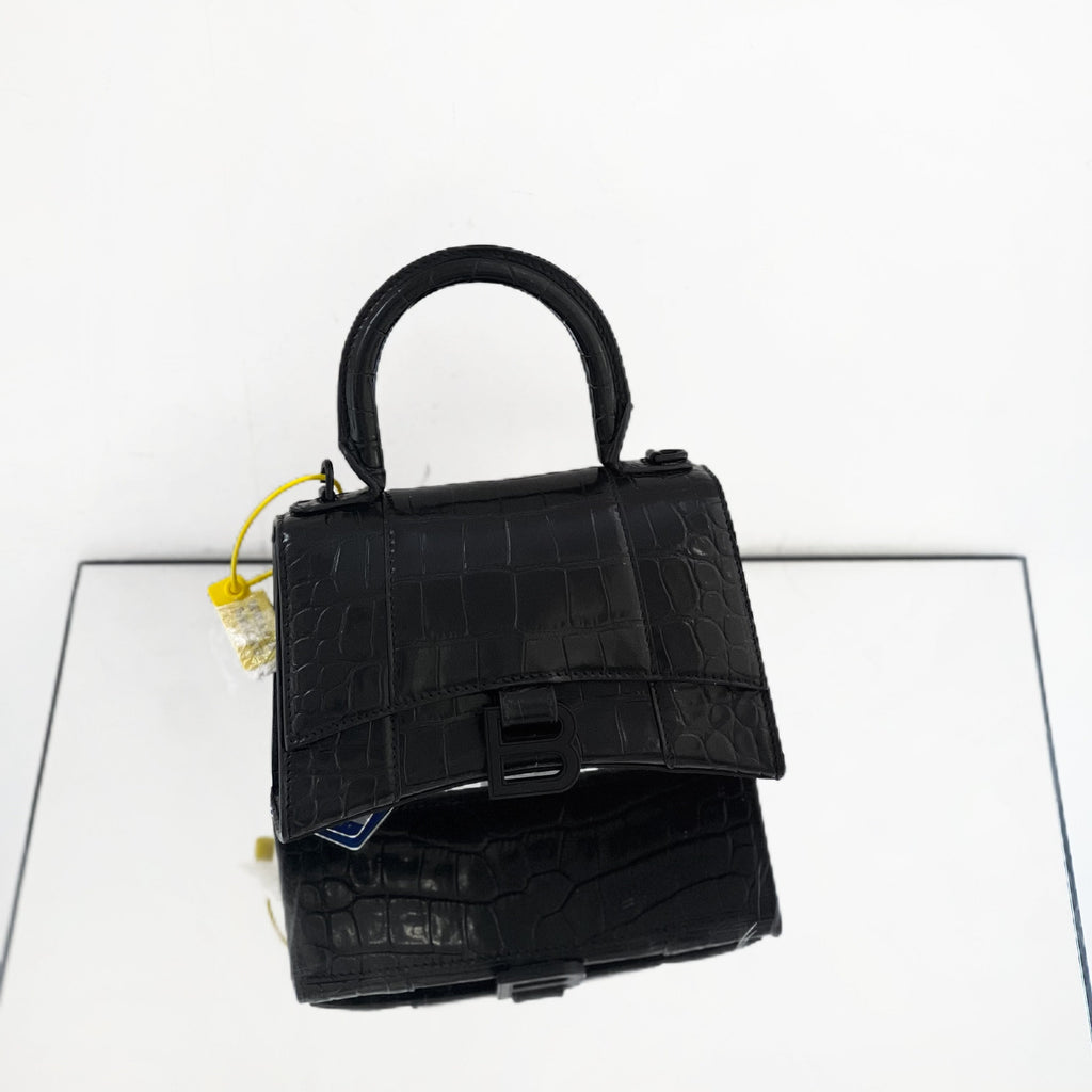 Balenciaga Hourglass XS Top Handle Bag – Black Shiny Crocodile-Embossed Calfskin