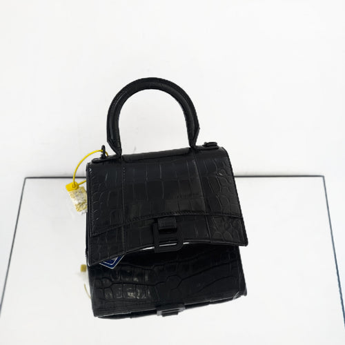 Balenciaga Hourglass XS Top Handle Bag – Black Shiny Crocodile-Embossed Calfskin