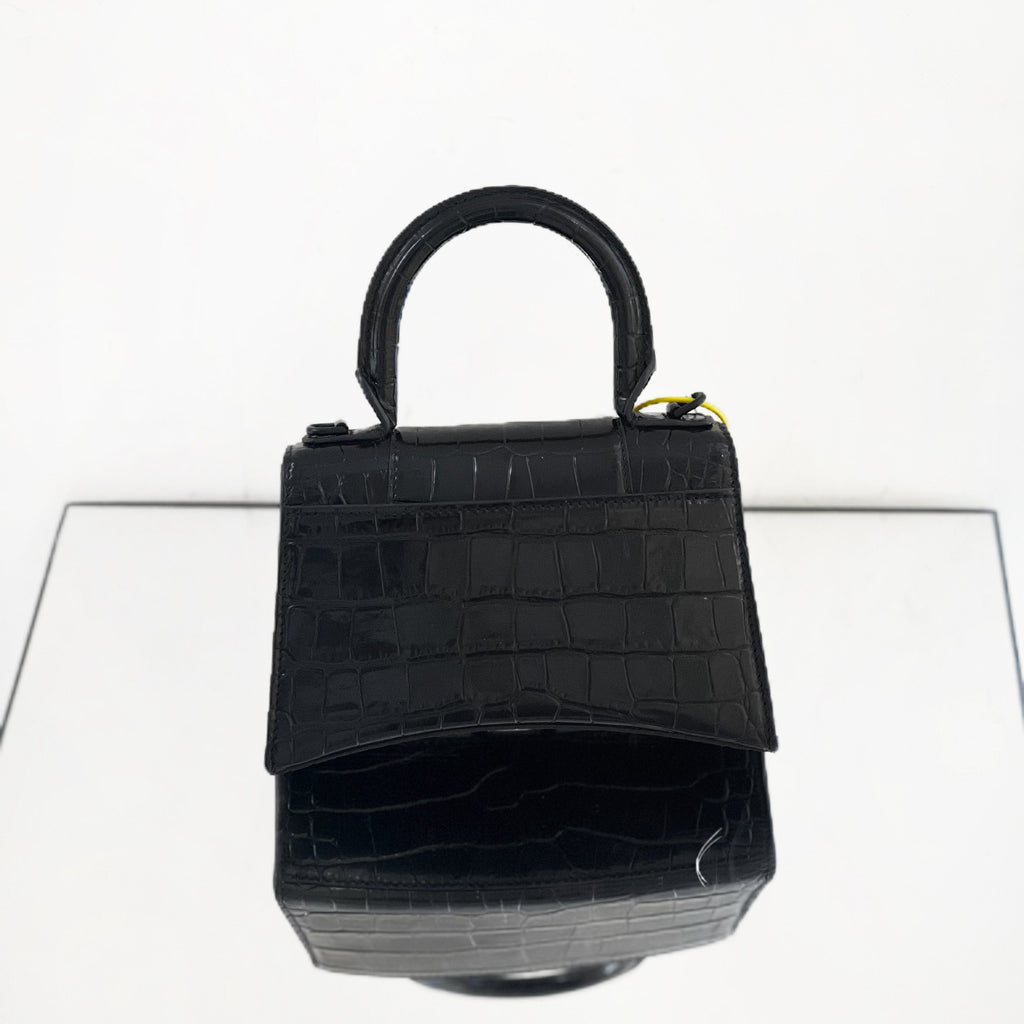 Balenciaga Hourglass XS Top Handle Bag – Black Shiny Crocodile-Embossed Calfskin