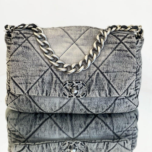 Pre-Owned - Chanel 19 Flap Bag Large Grey Acid Wash Denim Authentic Luxury by LUXE LINK