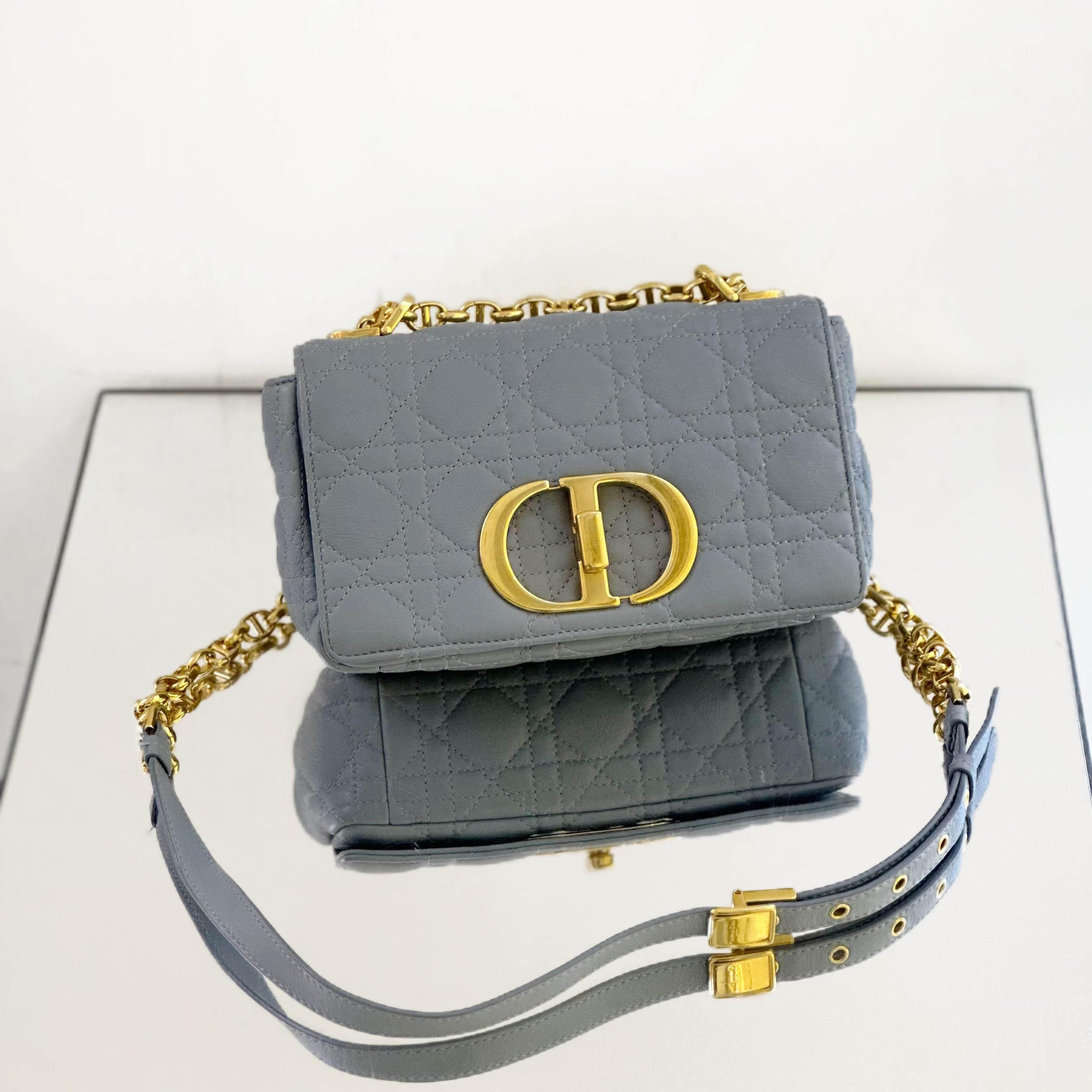 Medium Dior Caro Bag – Cloud Blue Cannage Calfskin with Gold-Finish Hardware