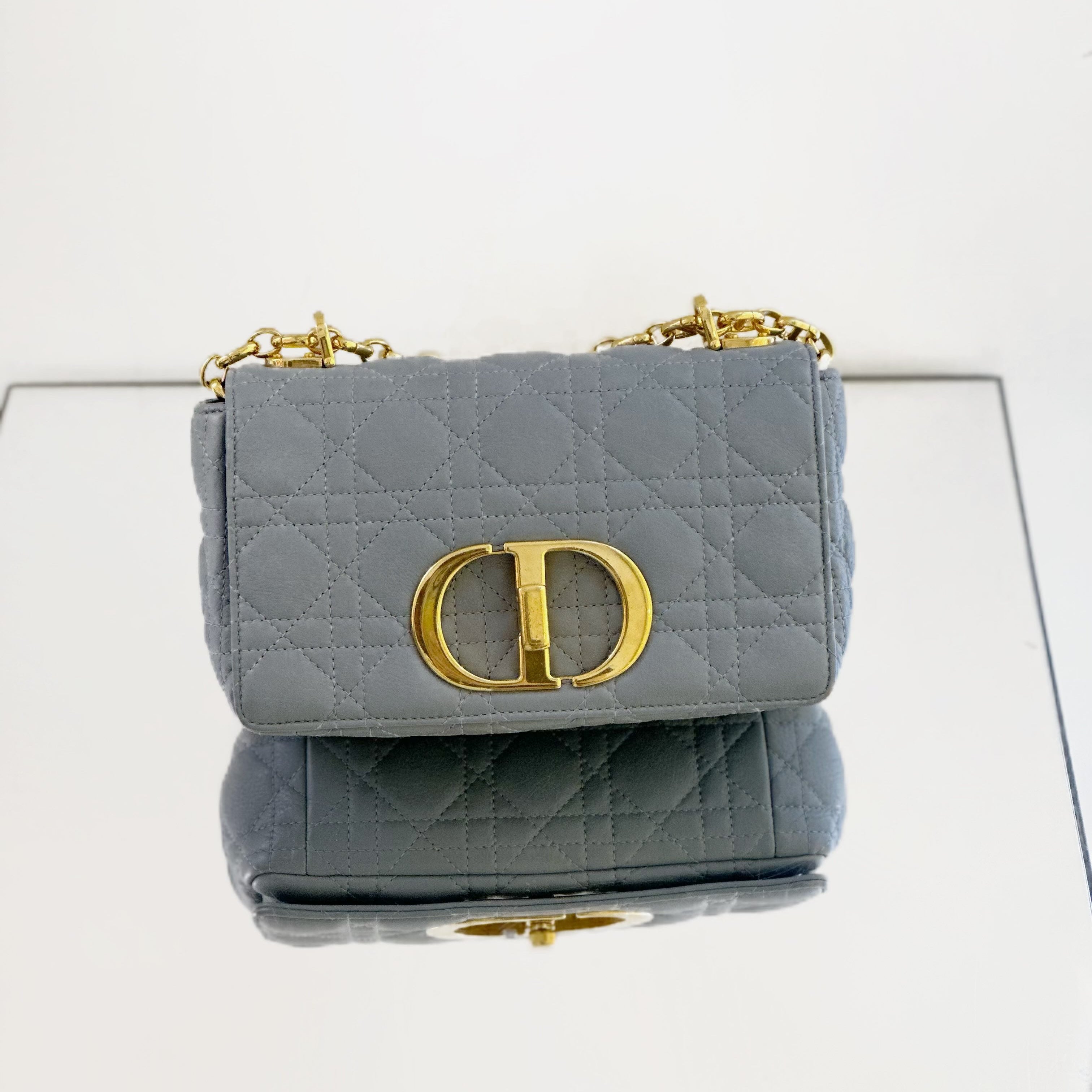 Medium Dior Caro Bag – Cloud Blue Cannage Calfskin with Gold-Finish Hardware