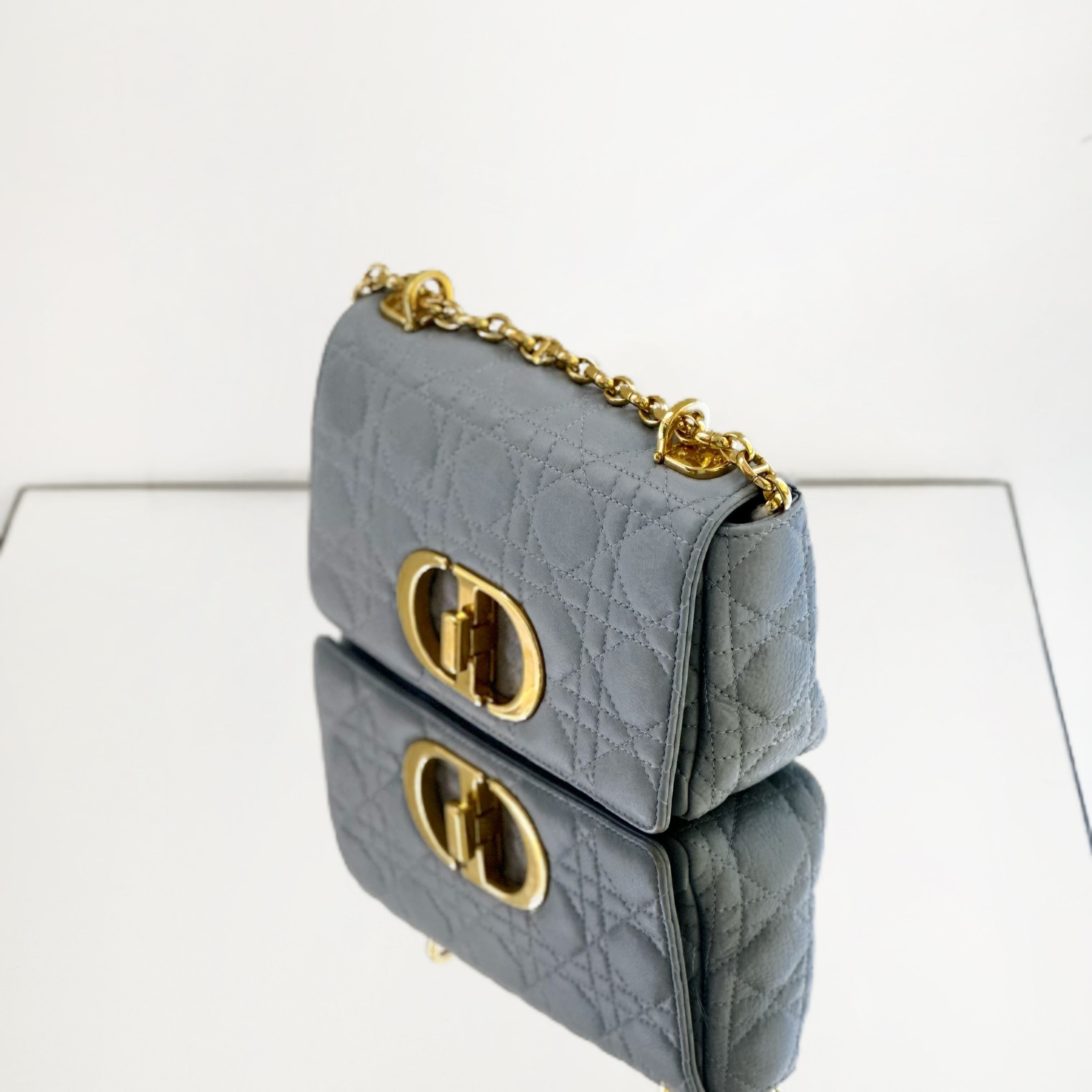 Medium Dior Caro Bag – Cloud Blue Cannage Calfskin with Gold-Finish Hardware