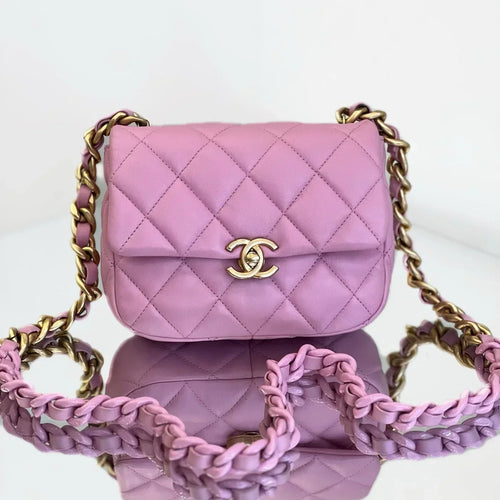 Pre-Owned - Chanel Pink Quilted Leather Mini Round Flap Bag with Braided Leather Chain & Gold-Tone Hardware Authentic Luxury by LUXE LINK