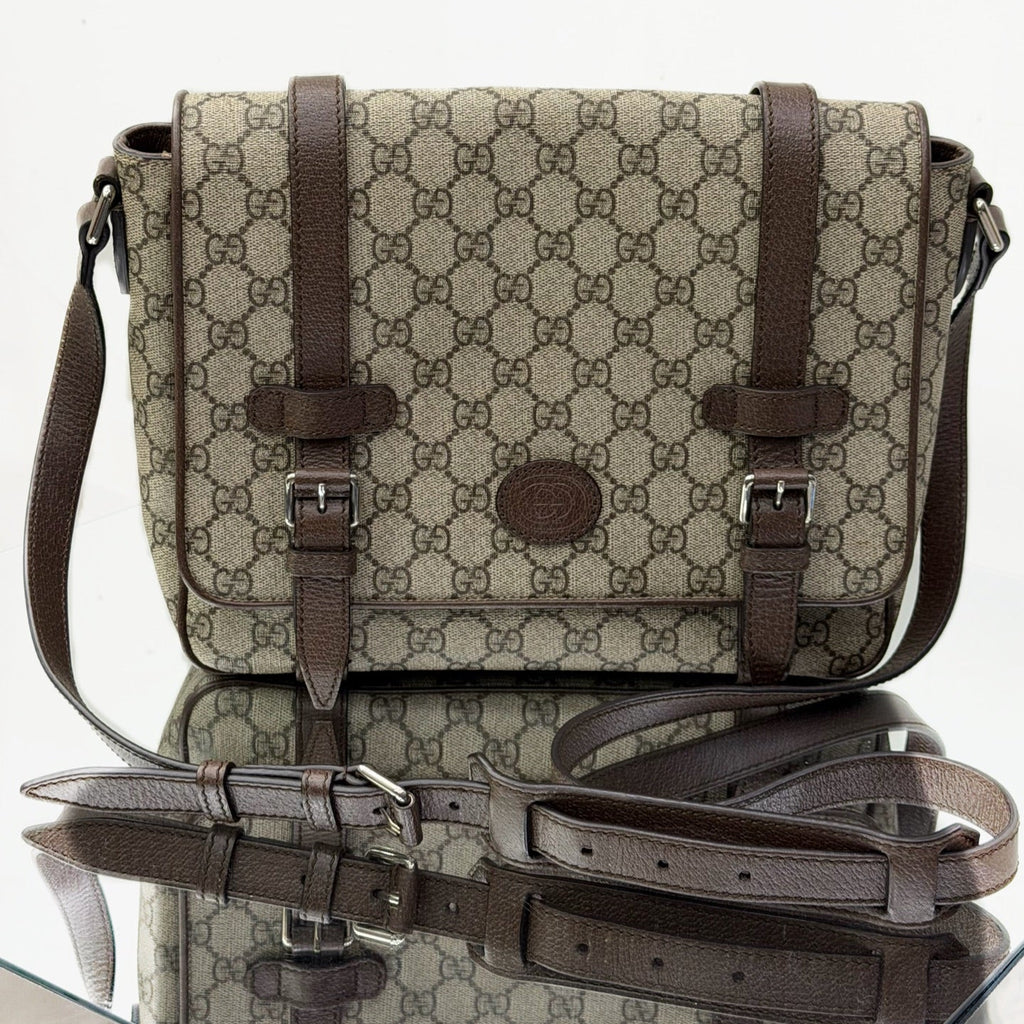 Gucci GG Supreme Messenger Bag - Interlocking G Satchel with Brown Leather Trim