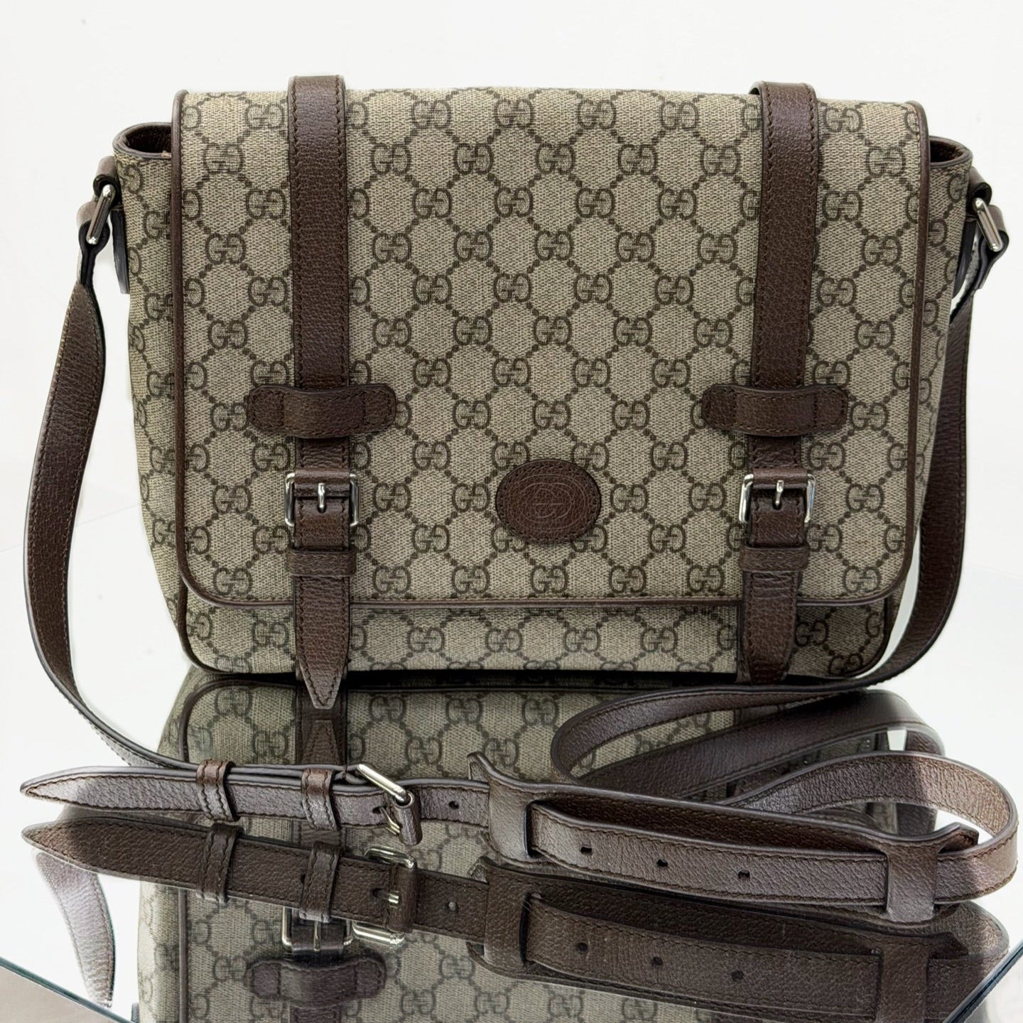 Gucci GG Supreme Messenger Bag - Interlocking G Satchel with Brown Leather Trim