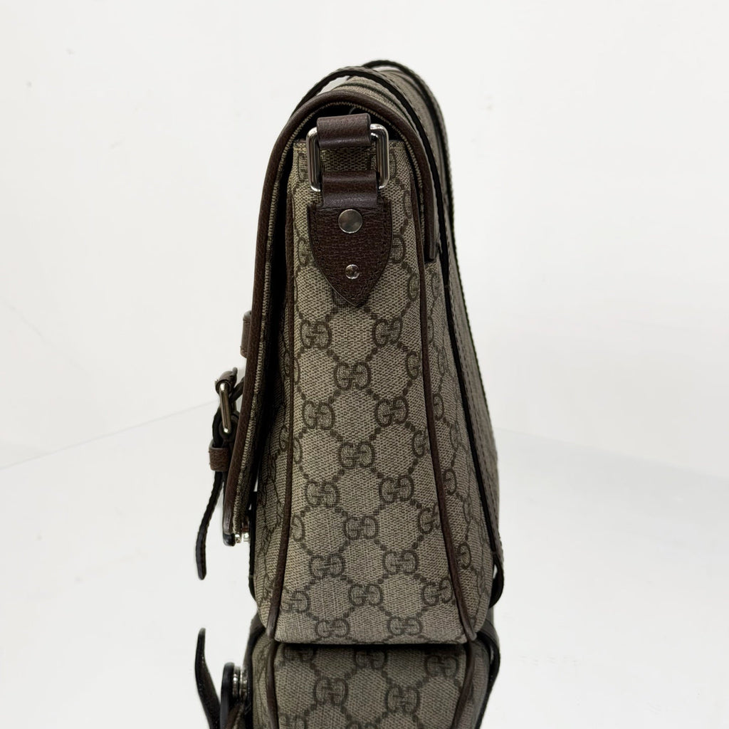 Gucci GG Supreme Messenger Bag - Interlocking G Satchel with Brown Leather Trim