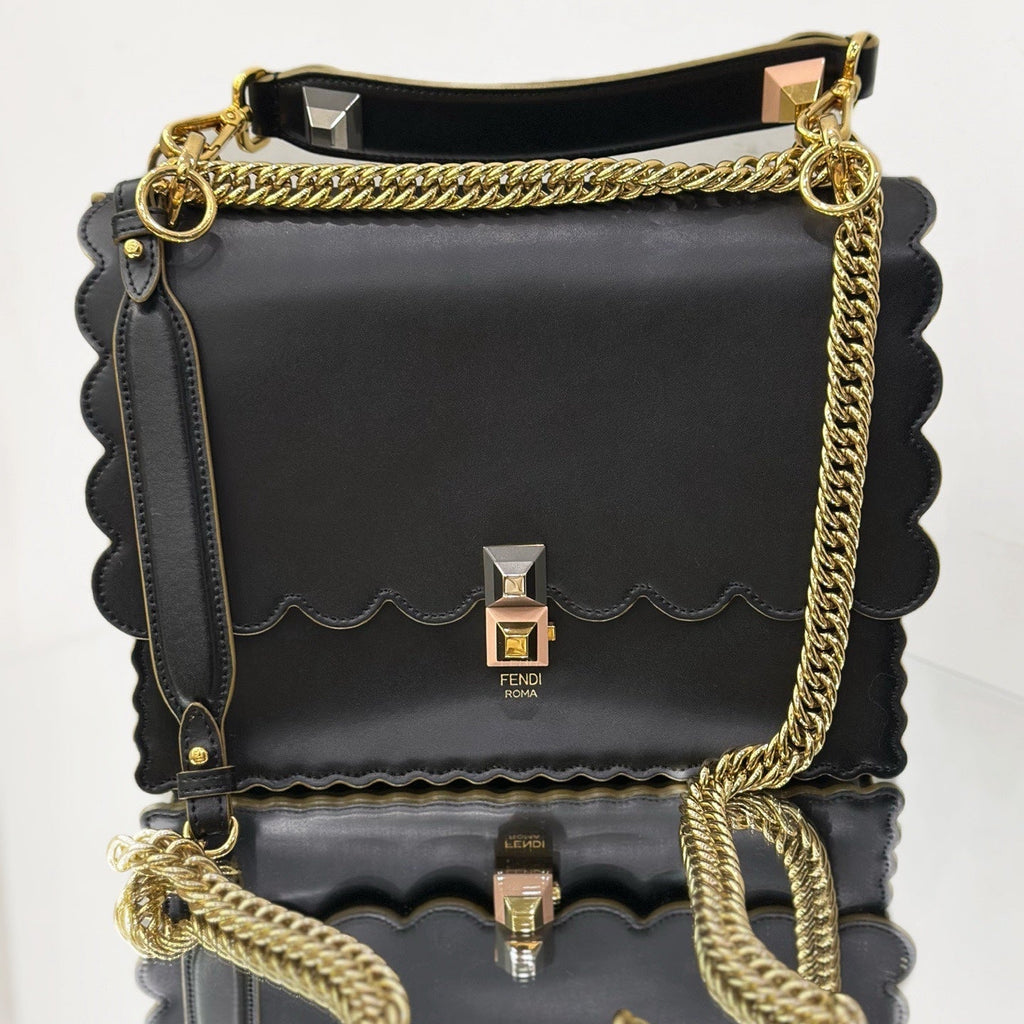 Fendi Kan I Scalloped Shoulder Bag – Black Smooth Leather with Gold-Finish Hardware