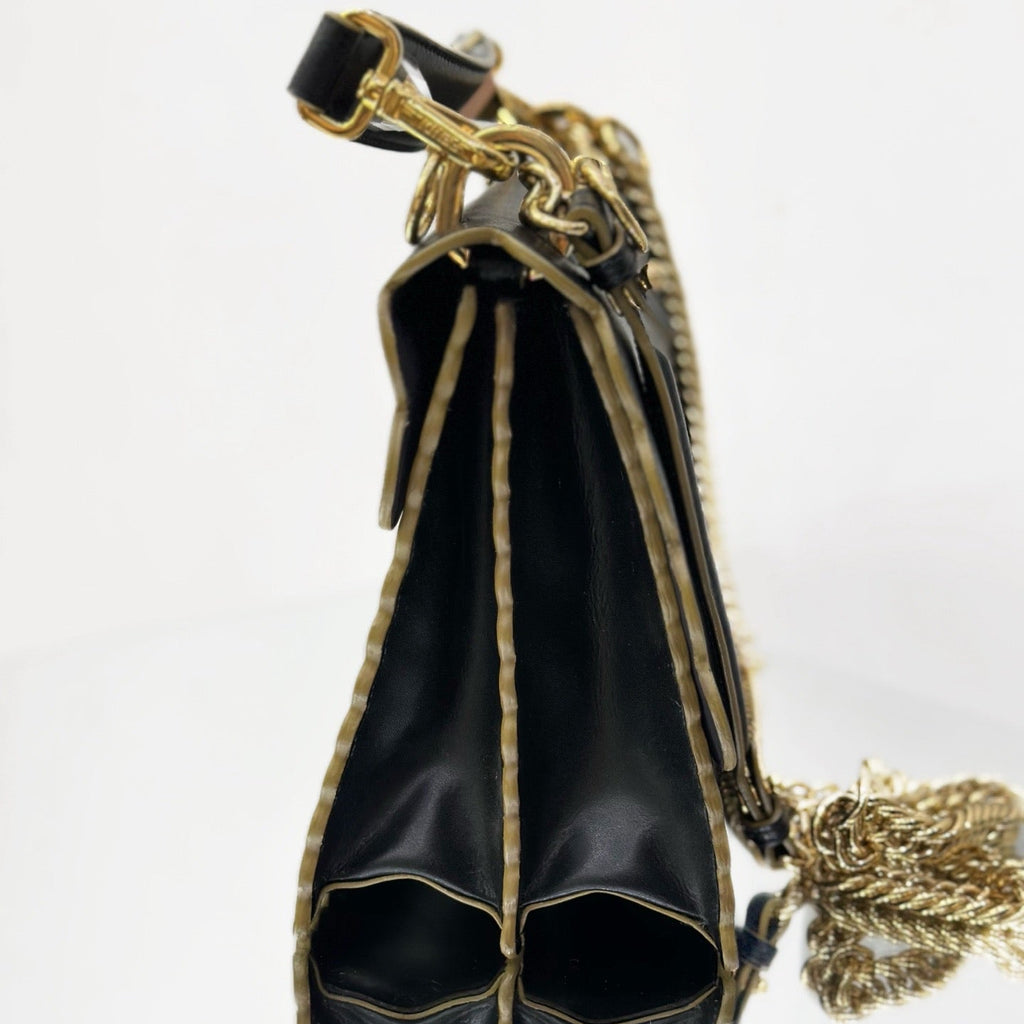 Fendi Kan I Scalloped Shoulder Bag – Black Smooth Leather with Gold-Finish Hardware