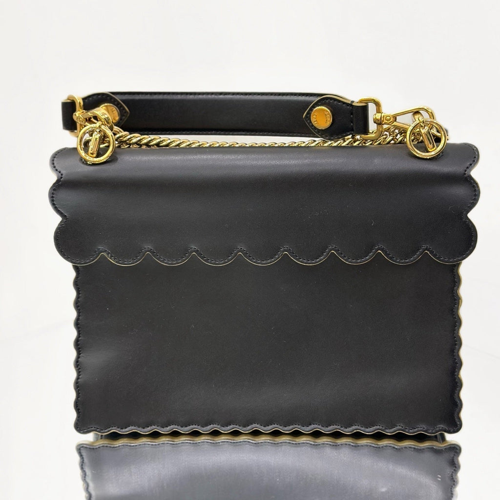 Fendi Kan I Scalloped Shoulder Bag – Black Smooth Leather with Gold-Finish Hardware