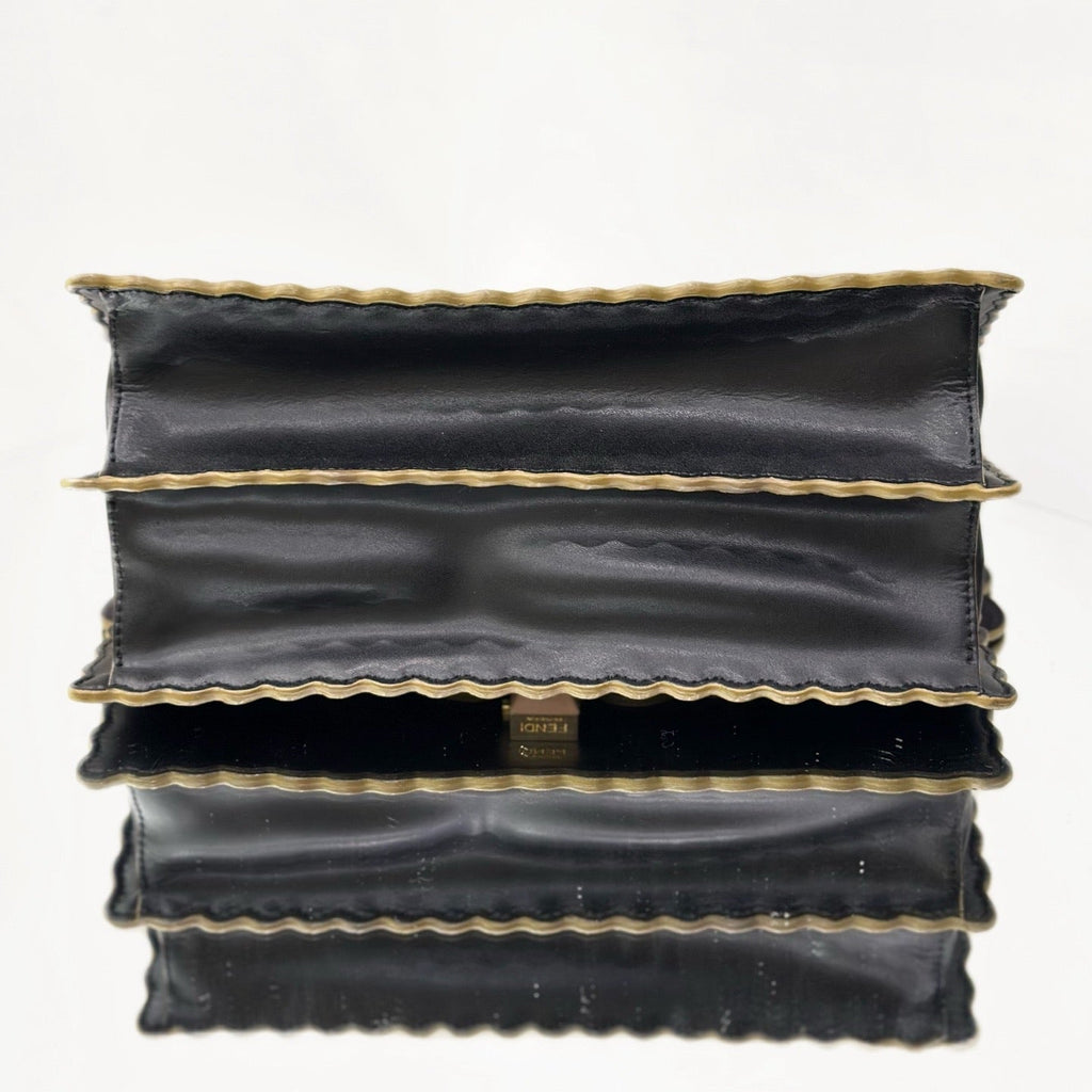 Fendi Kan I Scalloped Shoulder Bag – Black Smooth Leather with Gold-Finish Hardware