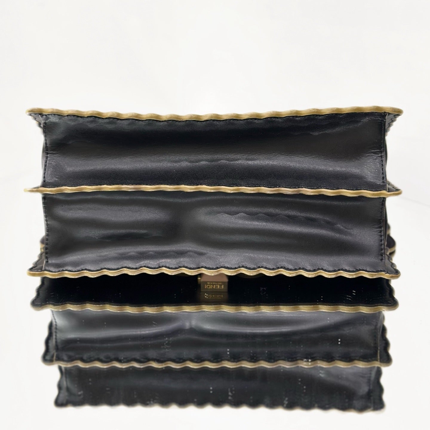 Fendi Kan I Scalloped Shoulder Bag – Black Smooth Leather with Gold-Finish Hardware