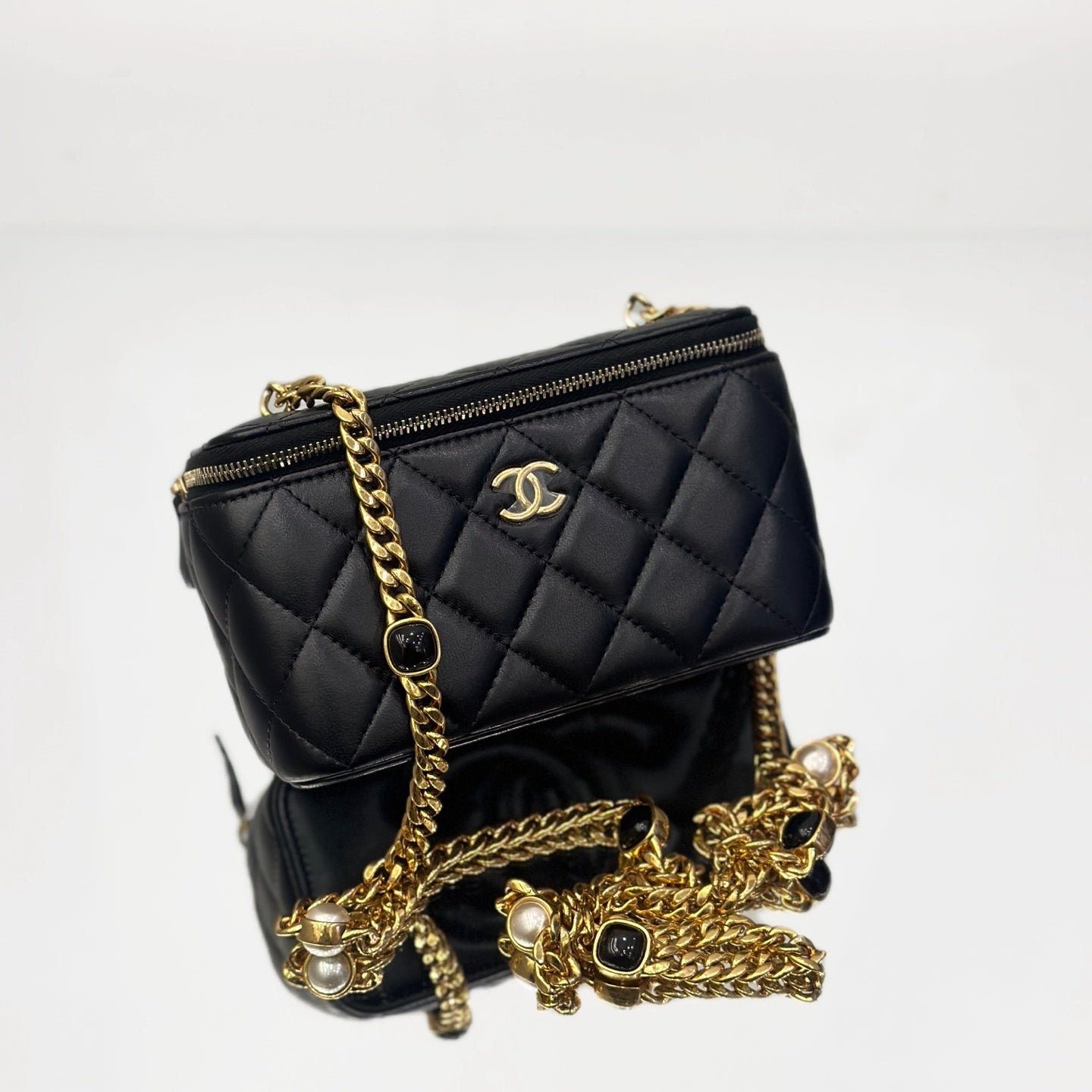 Chanel Quilted Lambskin Vanity Case with Embellished Bijoux Chain and Gold-Tone Hardware