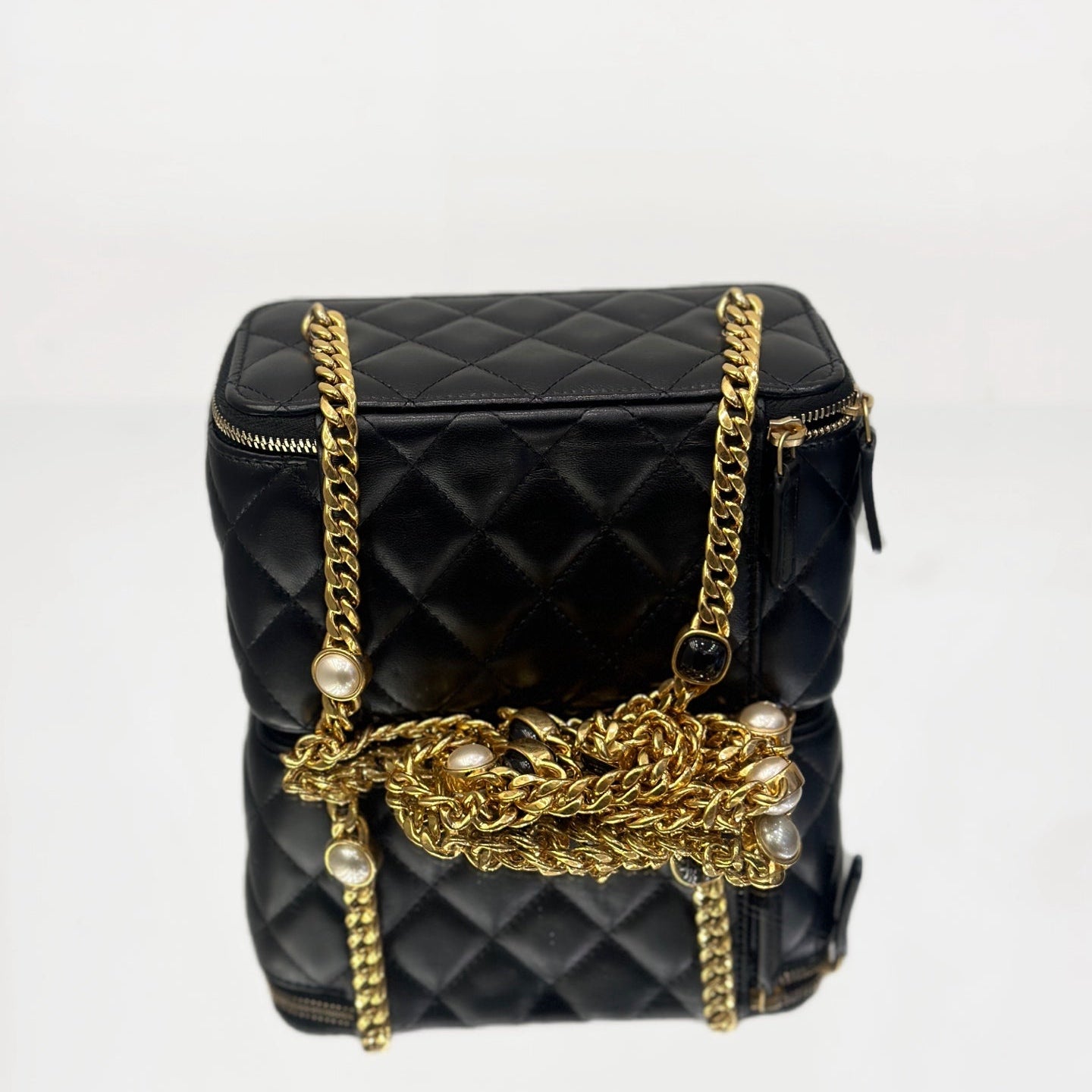 Chanel Quilted Lambskin Vanity Case with Embellished Bijoux Chain and Gold-Tone Hardware