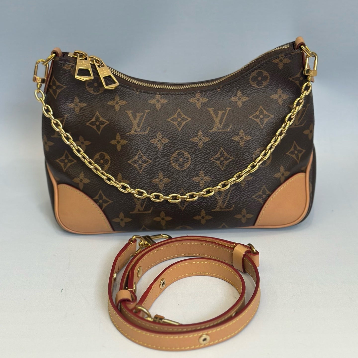 Louis Vuitton Boulogne in Monogram Canvas with Black/Tan Leather Trim and Gold-Tone Chain
