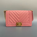 Chanel Medium Boy Bag in Pink Chevron Quilted Calfskin with Gold-Tone Hardware