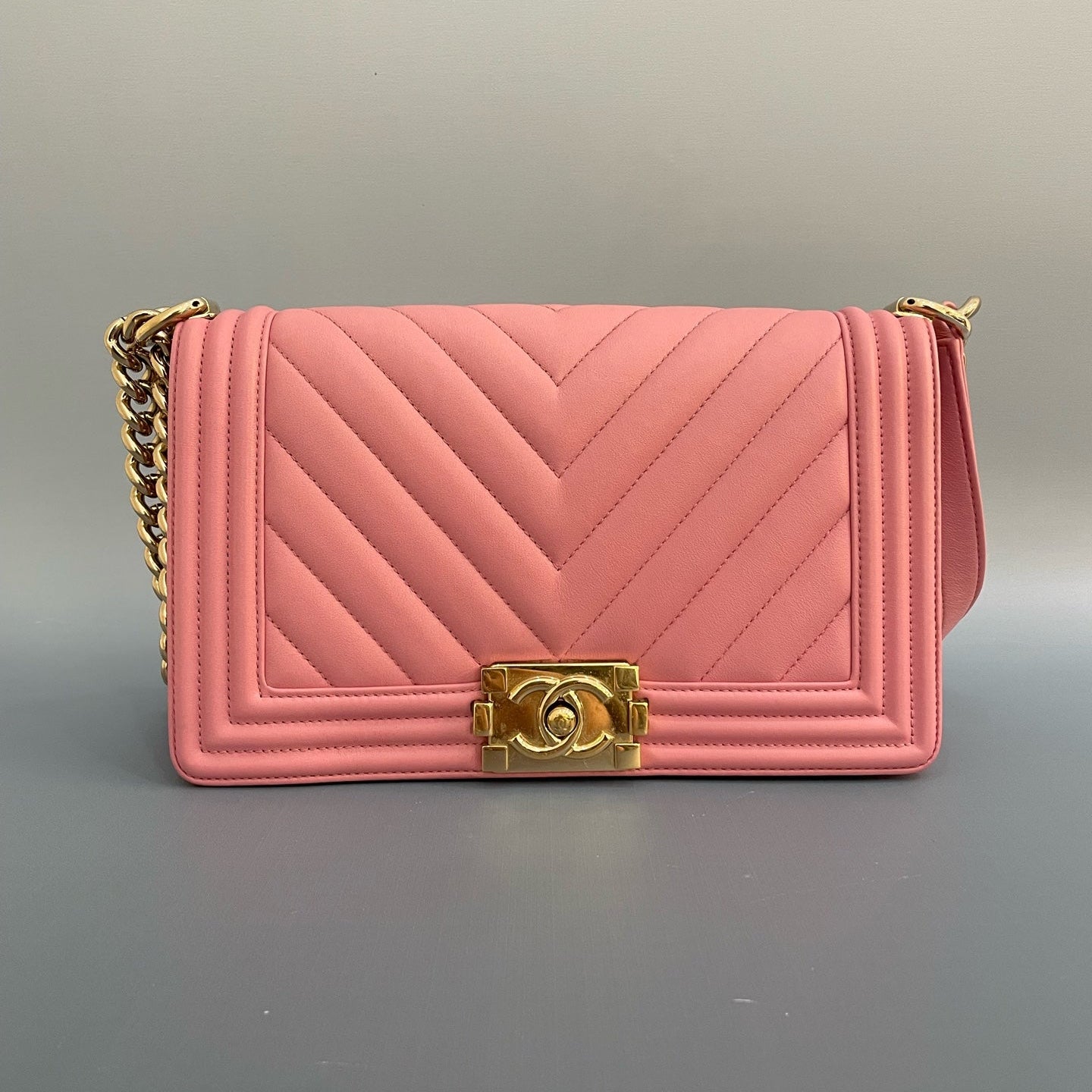 Chanel Medium Boy Bag in Pink Chevron Quilted Calfskin with Gold-Tone Hardware