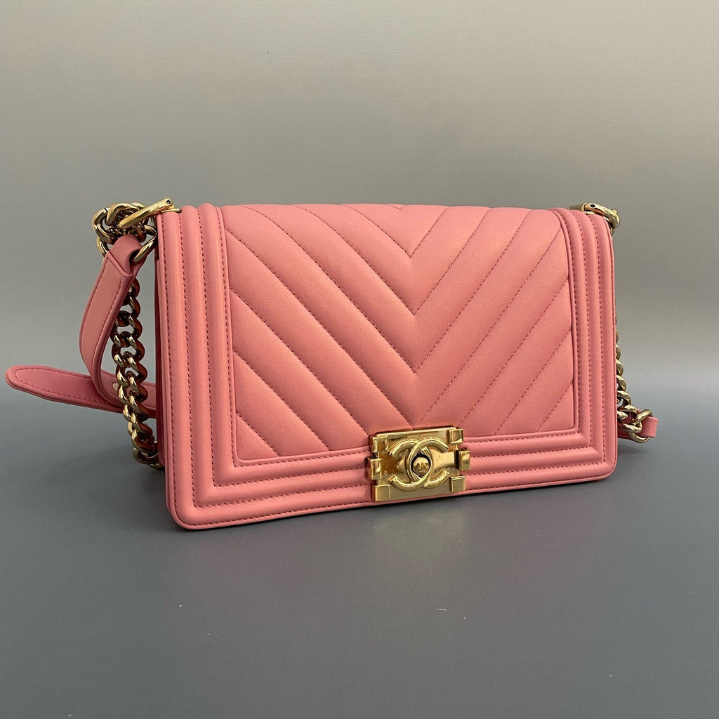 Chanel Medium Boy Bag in Pink Chevron Quilted Calfskin with Gold-Tone Hardware