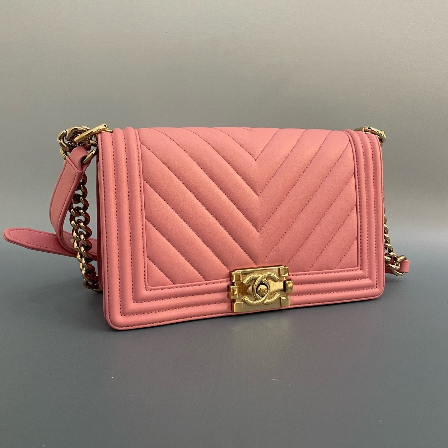 Chanel Medium Boy Bag in Pink Chevron Quilted Calfskin with Gold-Tone Hardware