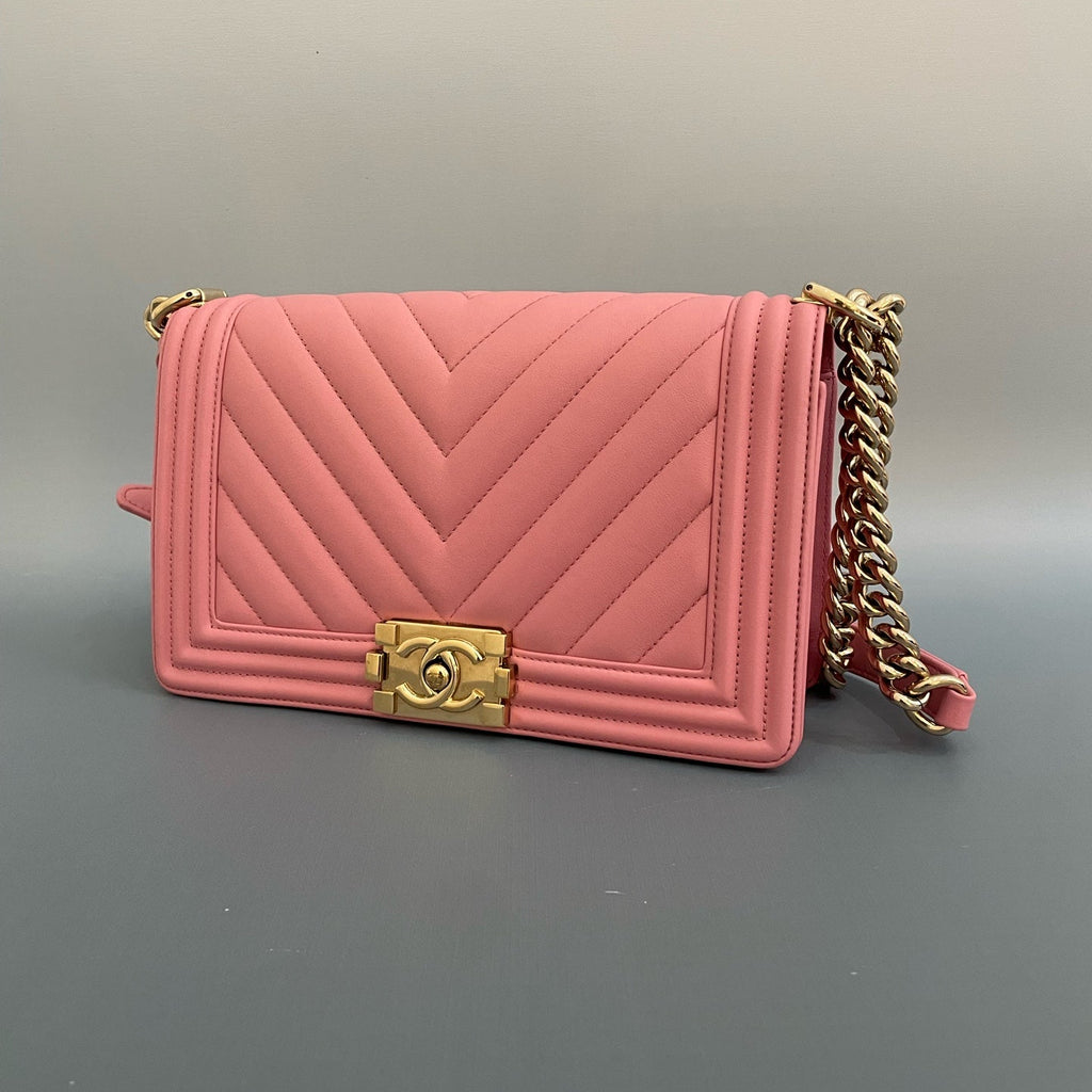 Chanel Medium Boy Bag in Pink Chevron Quilted Calfskin with Gold-Tone Hardware