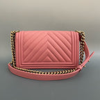 Chanel Medium Boy Bag in Pink Chevron Quilted Calfskin with Gold-Tone Hardware