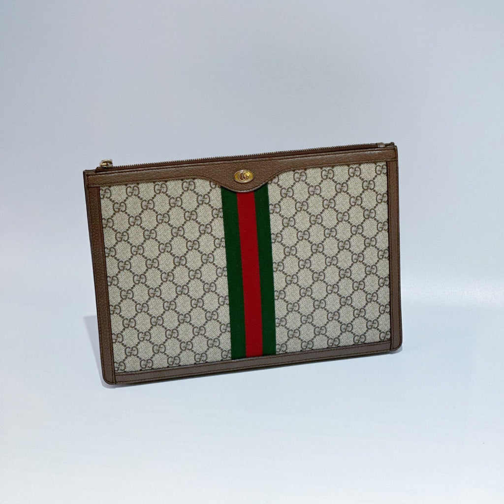 Gucci Ophidia GG Large Portfolio – Beige/Ebeny Supreme Canvas with Green & Red Web
