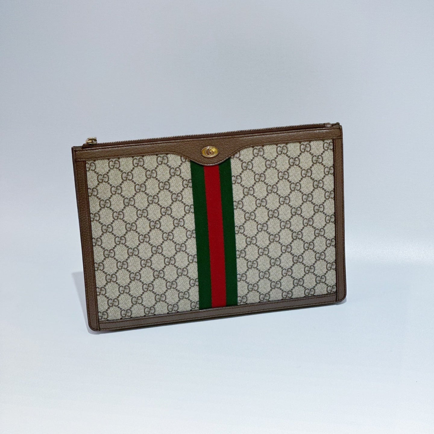 Gucci Ophidia GG Large Portfolio – Beige/Ebeny Supreme Canvas with Green & Red Web