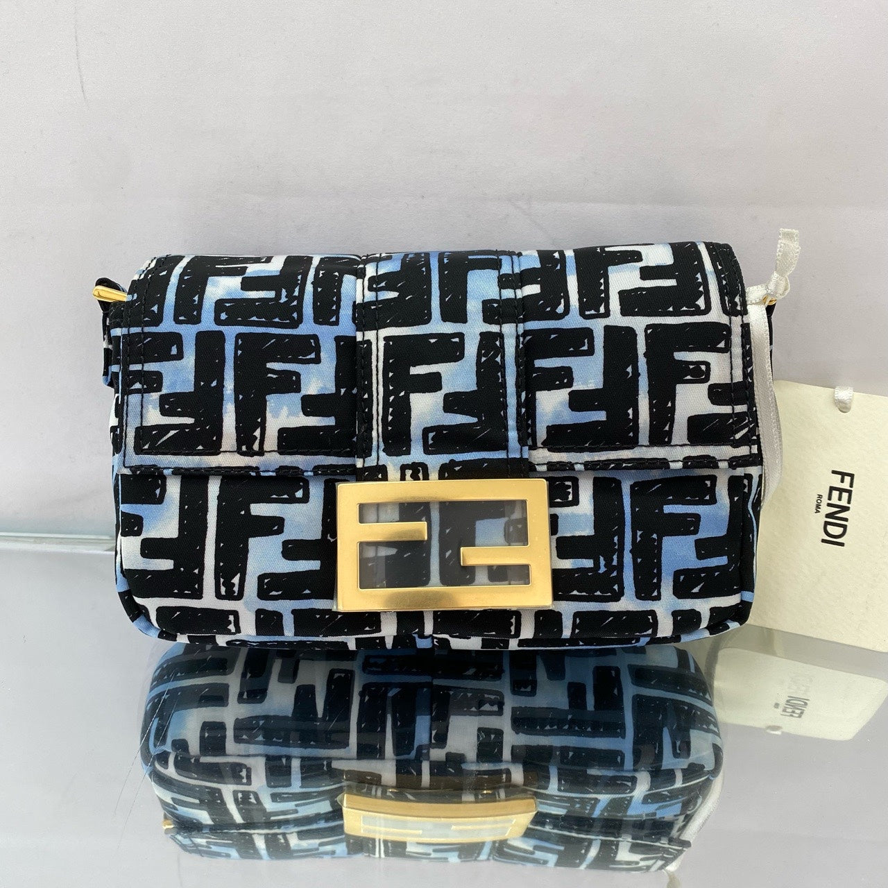 Fendi x Joshua Vides California Sky Baguette – Blue & White Sketch Print Silk/Canvas