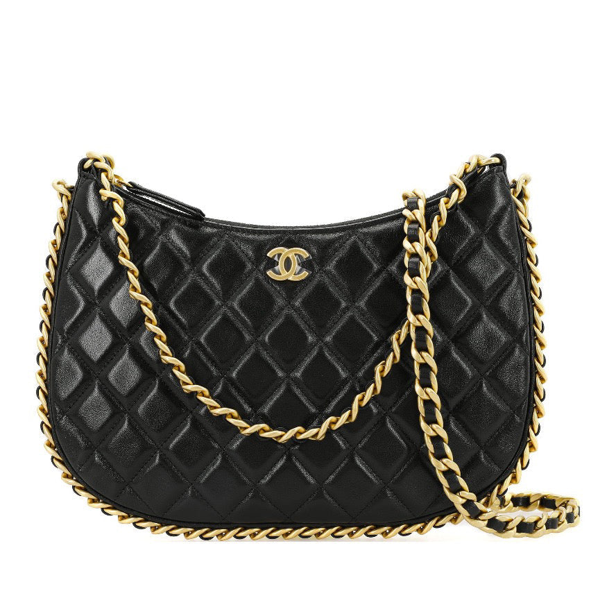 Chanel Quilted Lambskin Chain Hobo Bag – Large Black Handbag with Gold-Tone Hardware