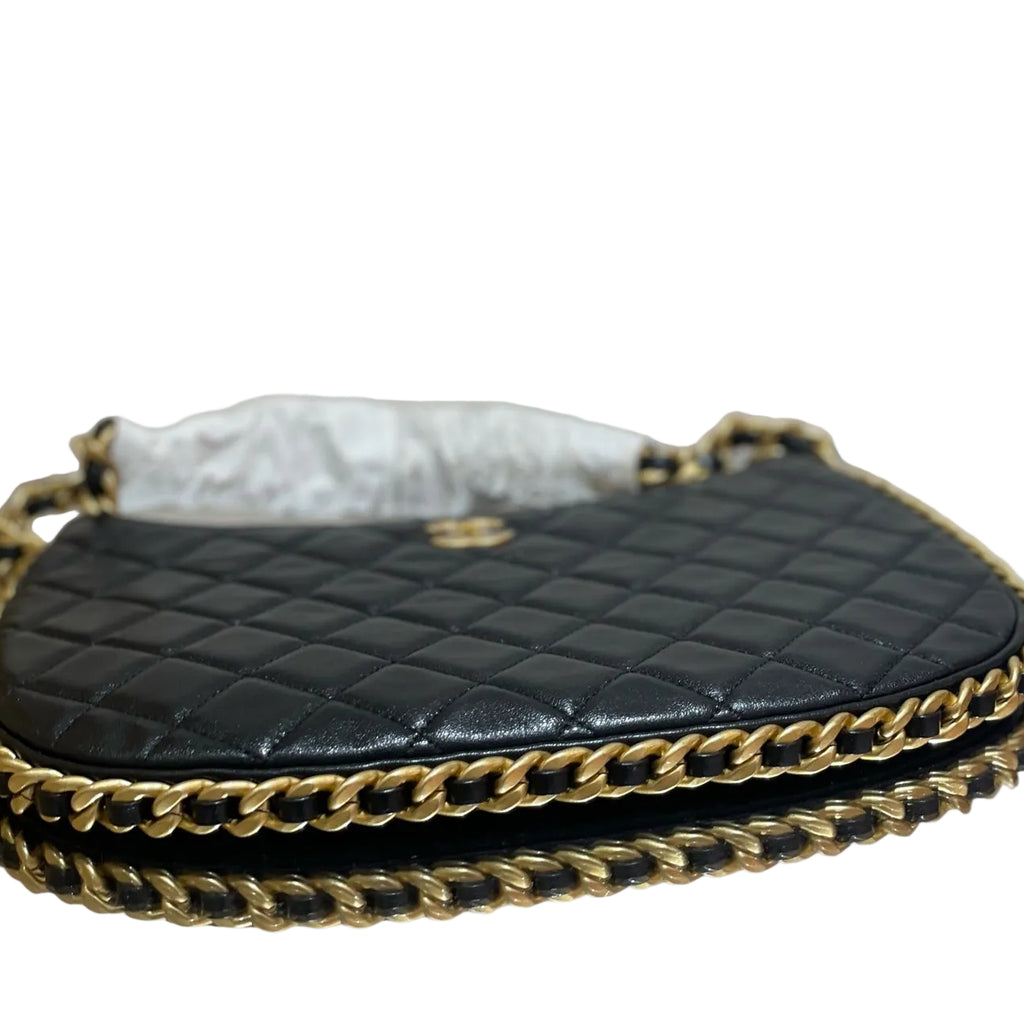 Chanel Quilted Lambskin Chain Hobo Bag – Large Black Handbag with Gold-Tone Hardware