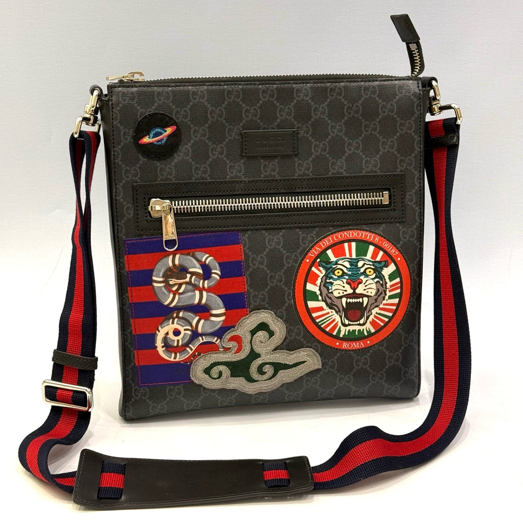 Gucci Night Courrier GG Supreme Messenger Bag – Black/Grey Canvas with Multi-Patch Embroidery