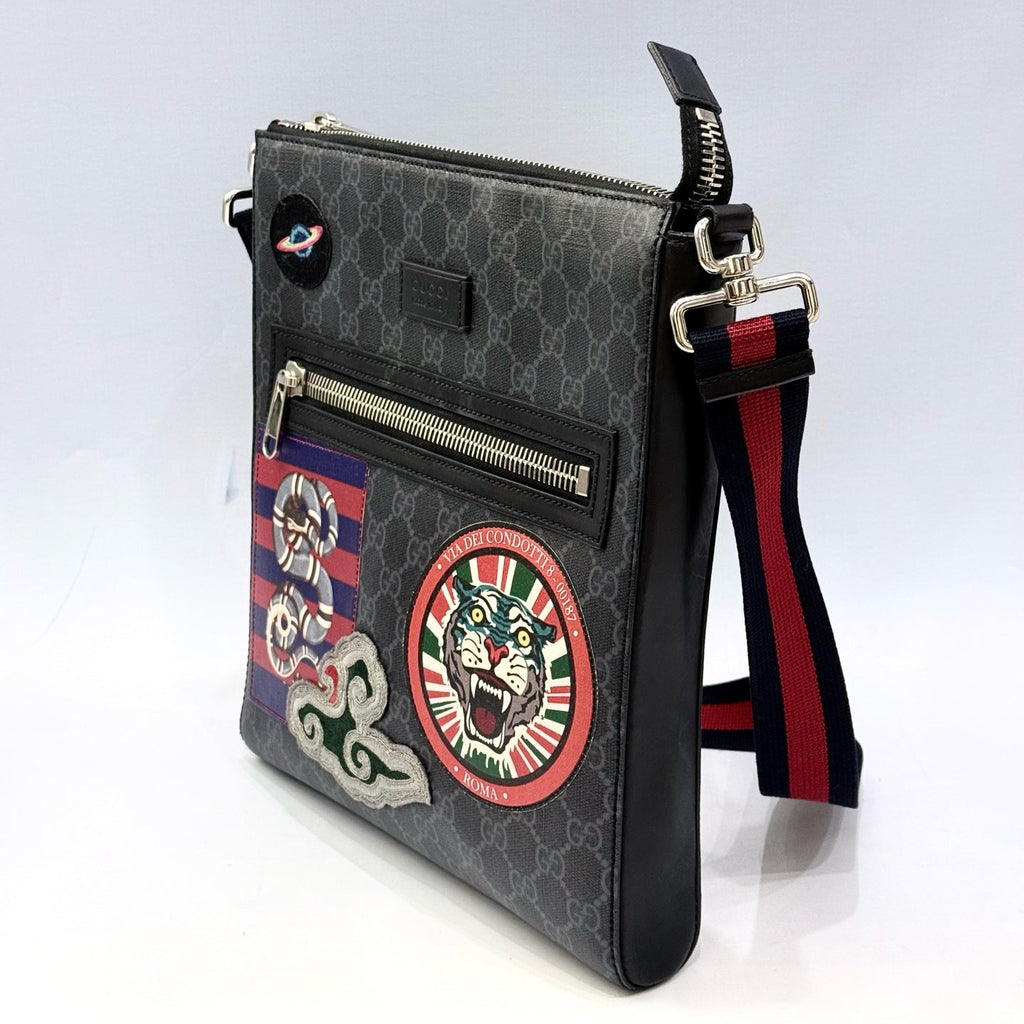 Gucci Night Courrier GG Supreme Messenger Bag – Black/Grey Canvas with Multi-Patch Embroidery