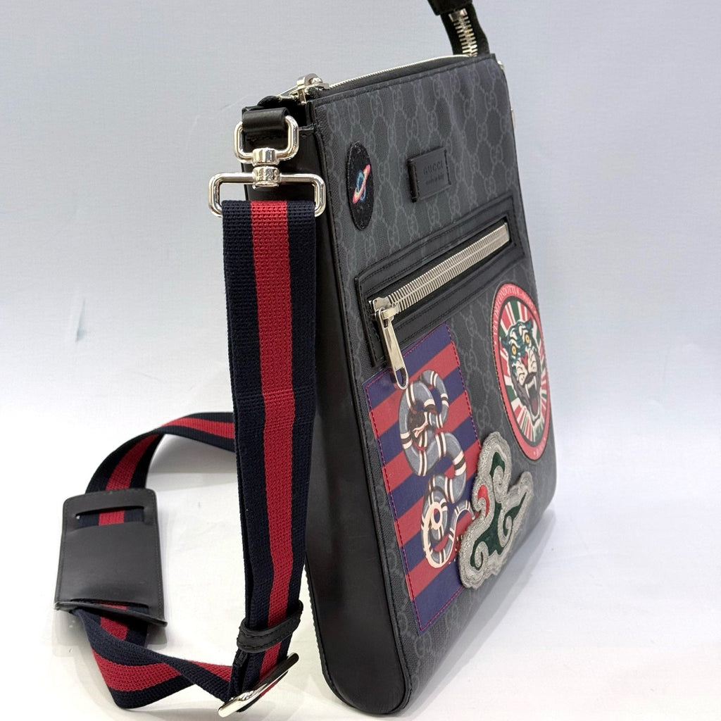 Gucci Night Courrier GG Supreme Messenger Bag – Black/Grey Canvas with Multi-Patch Embroidery