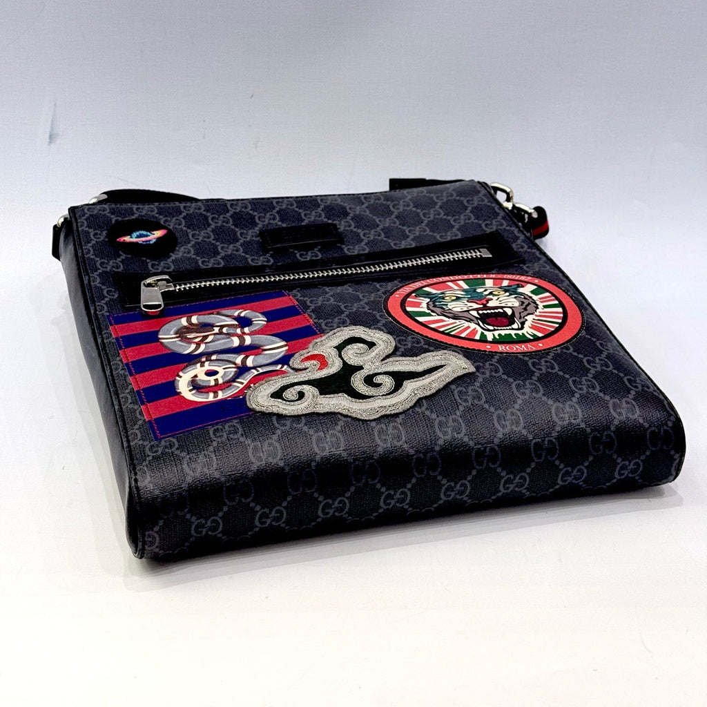 Gucci Night Courrier GG Supreme Messenger Bag – Black/Grey Canvas with Multi-Patch Embroidery