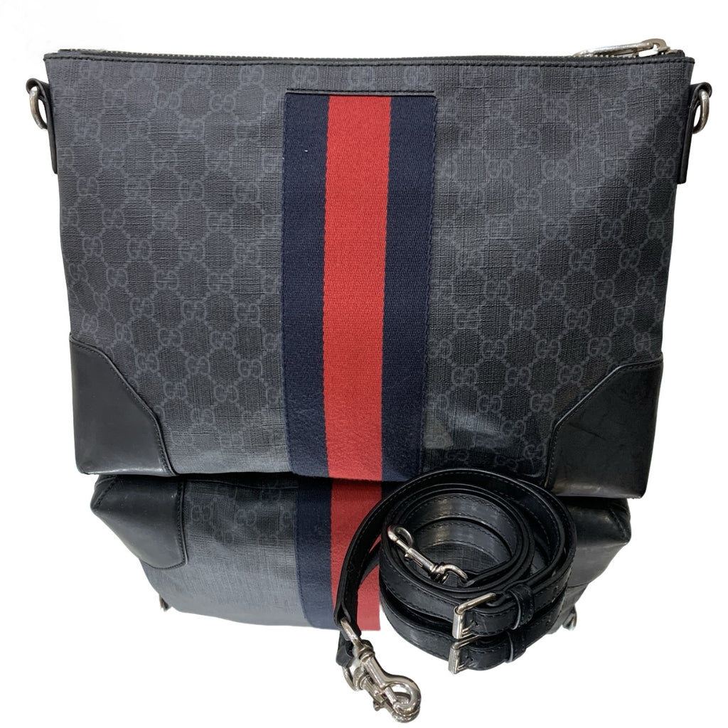 Gucci GG Supreme Messenger Bag – Black/Grey Coated Canvas with Blue and Red Web Stripe